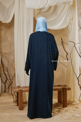 Navy Zaynab Beaded Ikat Cotton Silk Open Abaya With Slip Dress Set - 3 Piece