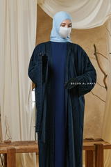Navy Zaynab Beaded Ikat Cotton Silk Open Abaya With Slip Dress Set - 3 Piece