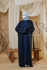 Navy Zaynab Beaded Ikat Cotton Silk Open Abaya With Slip Dress Set - 3 Piece