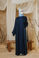 Navy Zaynab Beaded Ikat Cotton Silk Open Abaya With Slip Dress Set - 3 Piece