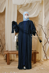 Navy Zaynab Beaded Ikat Cotton Silk Open Abaya With Slip Dress Set - 3 Piece