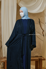 Navy Zaynab Beaded Ikat Cotton Silk Open Abaya With Slip Dress Set - 3 Piece