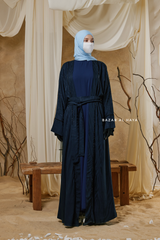 Navy Zaynab Beaded Ikat Cotton Silk Open Abaya With Slip Dress Set - 3 Piece
