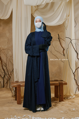 Navy Zaynab Beaded Ikat Cotton Silk Open Abaya With Slip Dress Set - 3 Piece