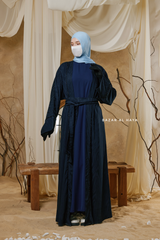 Navy Zaynab Beaded Ikat Cotton Silk Open Abaya With Slip Dress Set - 3 Piece