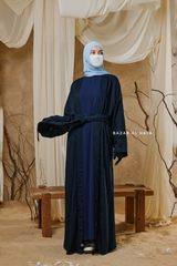 Navy Zaynab Beaded Ikat Cotton Silk Open Abaya With Slip Dress Set - 3 Piece