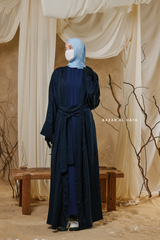Navy Zaynab Beaded Ikat Cotton Silk Open Abaya With Slip Dress Set - 3 Piece