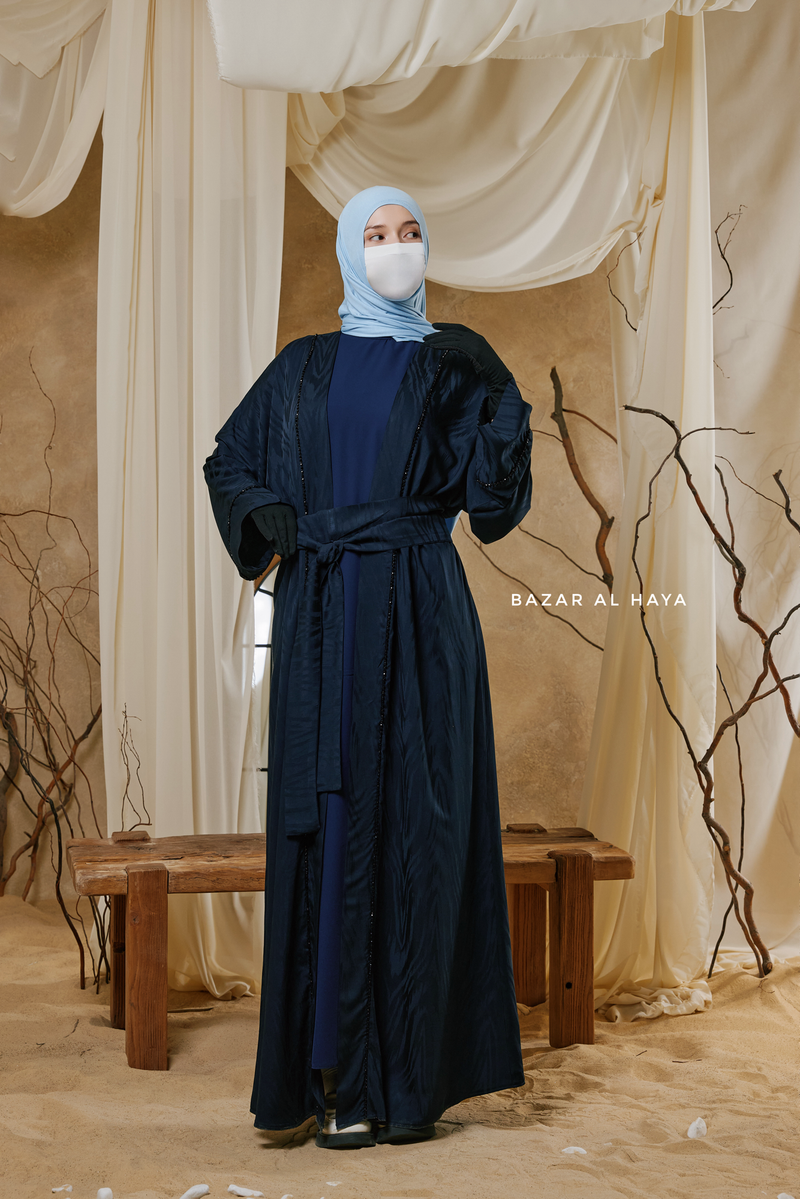 Navy Zaynab Beaded Ikat Cotton Silk Open Abaya With Slip Dress Set