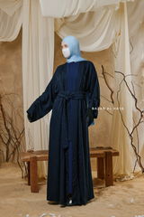 Navy Zaynab Beaded Ikat Cotton Silk Open Abaya With Slip Dress Set - 3 Piece
