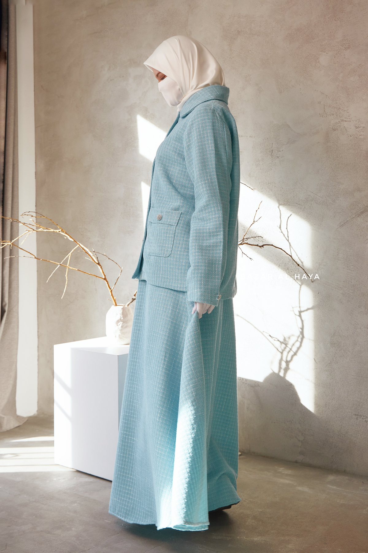 Baby Blue Rumaysa Two Piece Snap Button Jacket Skirt Suit - Tweed
