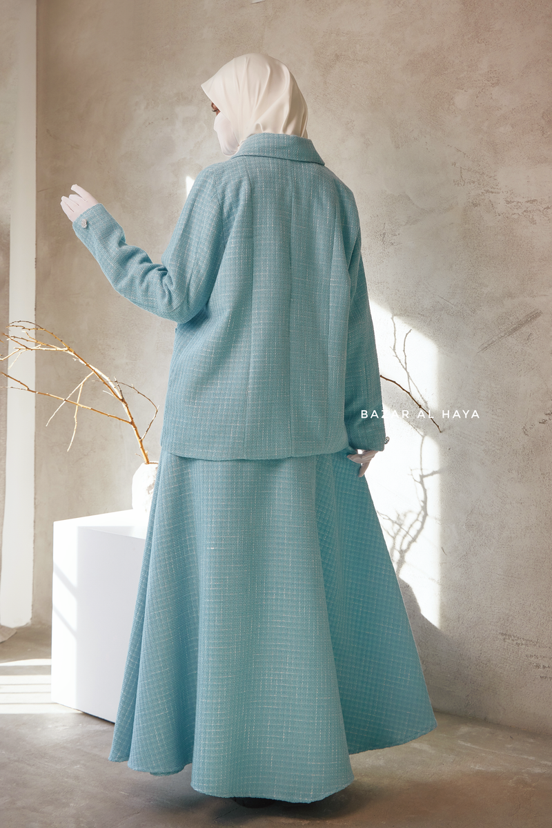 Baby Blue Rumaysa Two Piece Snap Button Jacket Skirt Suit - Tweed Fabric