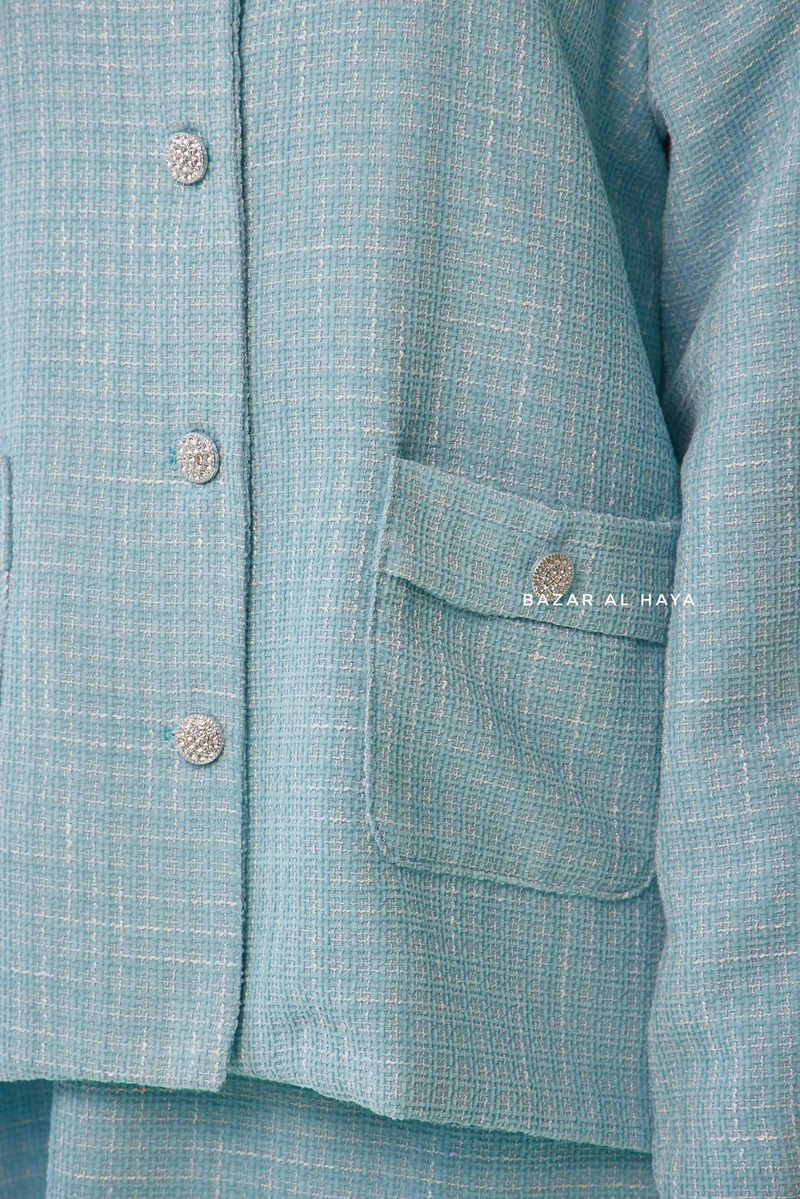 Baby Blue Rumaysa Two Piece Snap Button Jacket Skirt Suit - Tweed Fabric