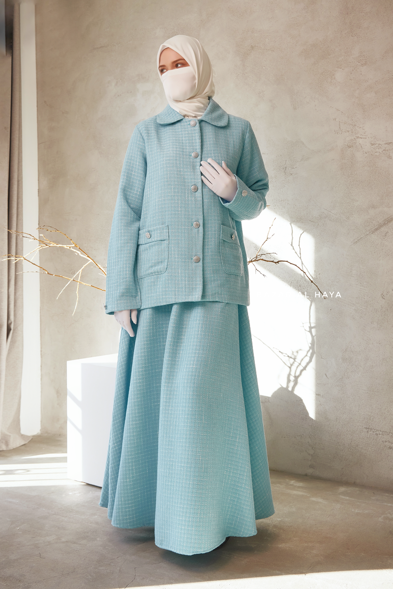 Baby Blue Rumaysa Two Piece Snap Button Jacket Skirt Suit - Tweed Fabric