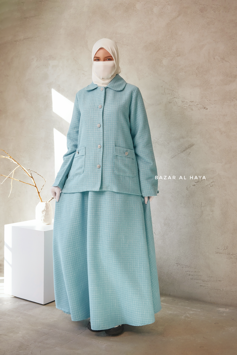 Baby Blue Rumaysa Two Piece Snap Button Jacket Skirt Suit - Tweed Fabric