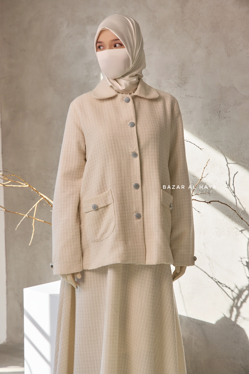 Ivory Rumaysa Two Piece Snap Button Jacket Skirt Suit - Tweed Fabric