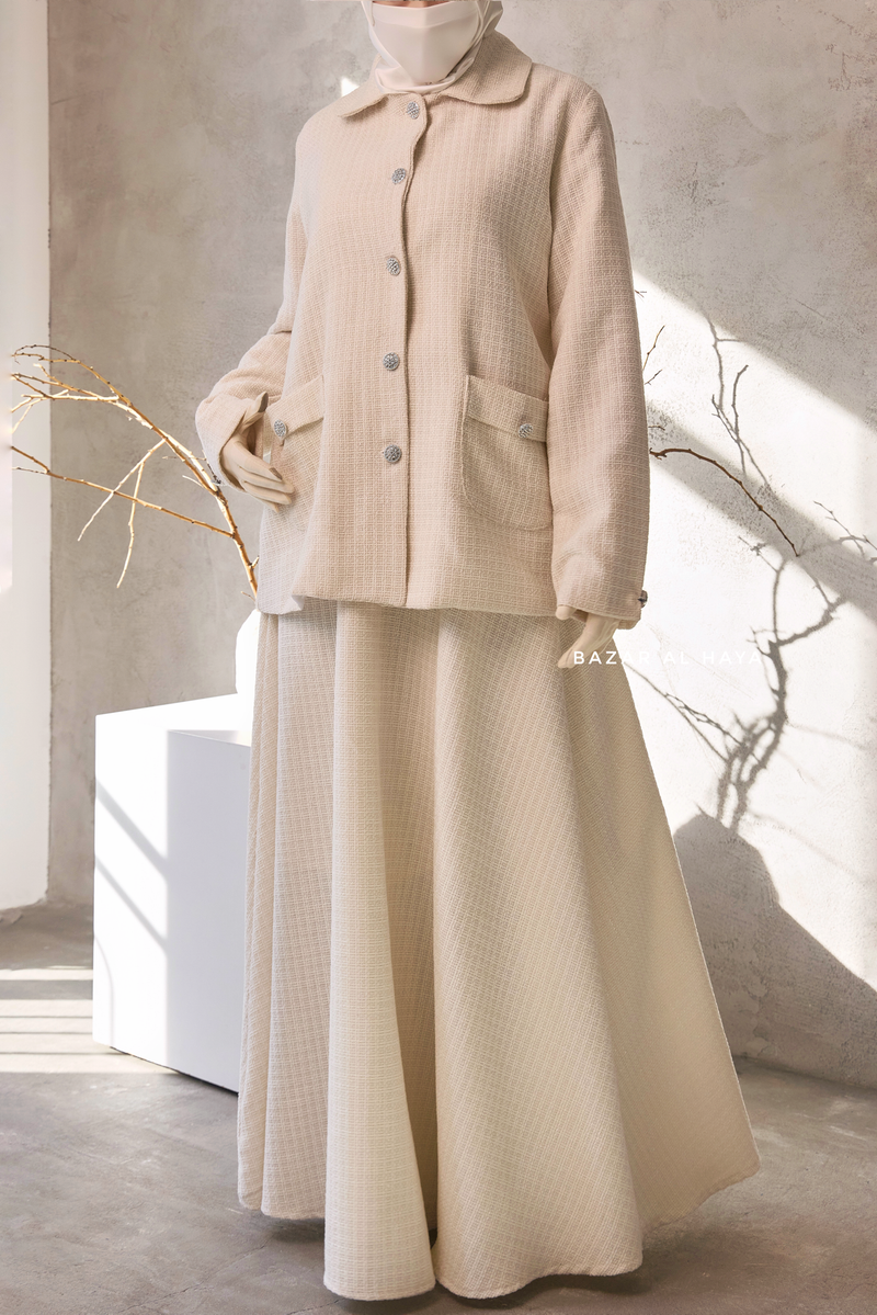 Ivory Rumaysa Two Piece Snap Button Jacket Skirt Suit - Tweed Fabric
