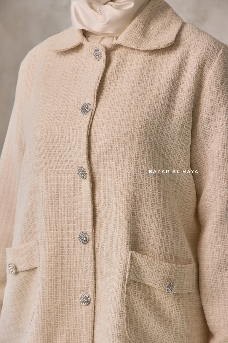 Ivory Rumaysa Two Piece Snap Button Jacket Skirt Suit - Tweed Fabric