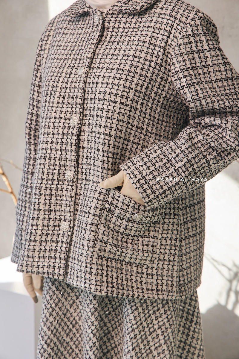 Black White Rumaysa Two Piece Snap Button Jacket Skirt Suit - Tweed Fabric