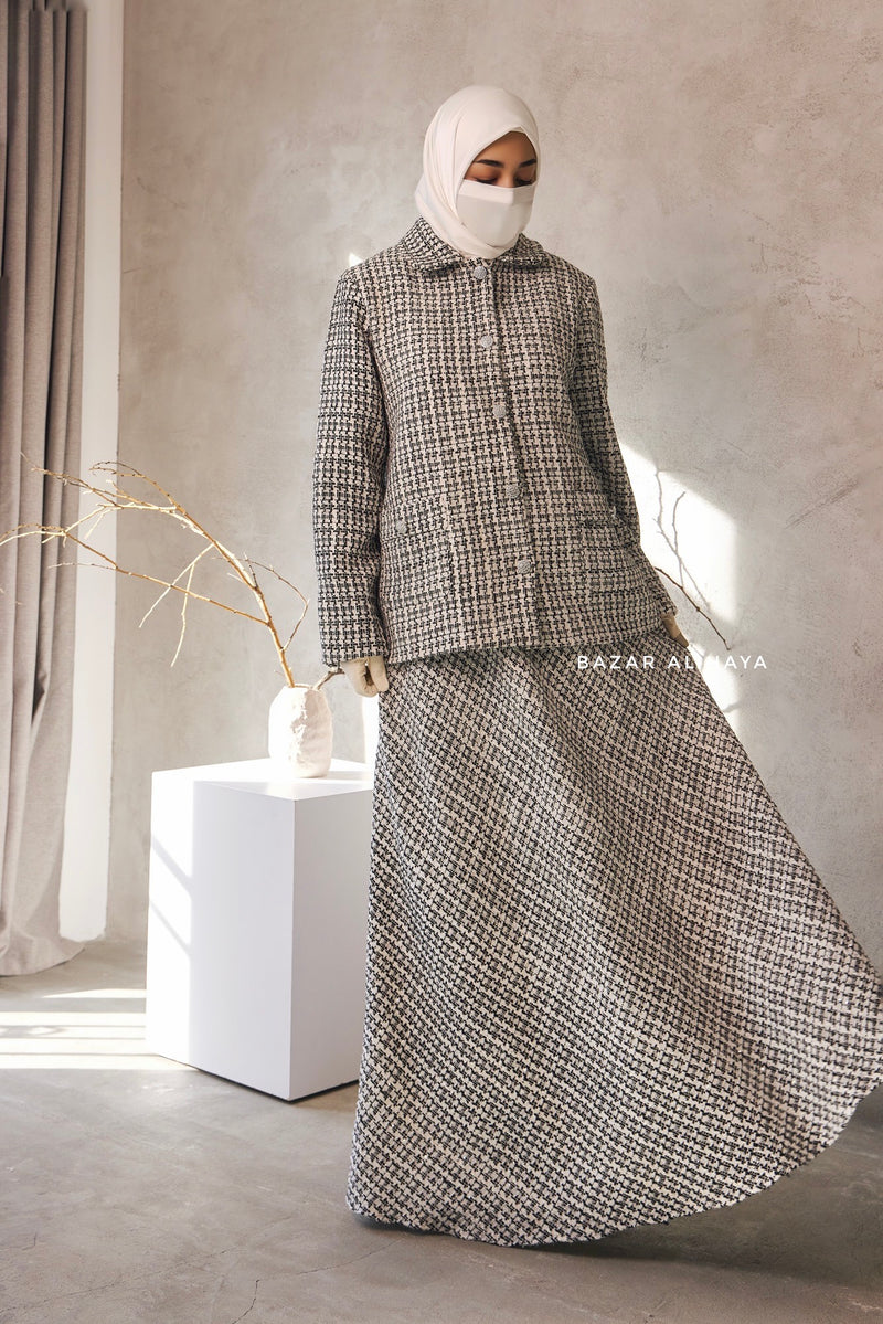 Black White Rumaysa Two Piece Snap Button Jacket Skirt Suit - Tweed Fabric
