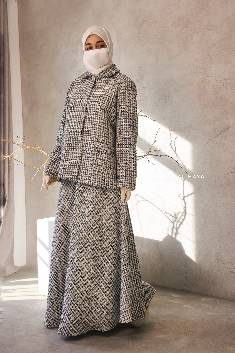 Black White Rumaysa Two Piece Snap Button Jacket Skirt Suit - Tweed Fabric