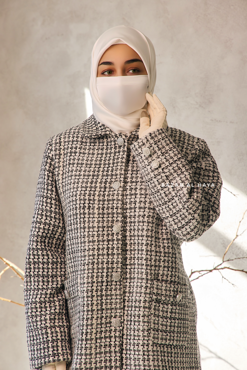 Black White Rumaysa Two Piece Snap Button Jacket Skirt Suit - Tweed Fabric