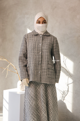 Black White Rumaysa Two Piece Snap Button Jacket Skirt Suit - Tweed Fabric