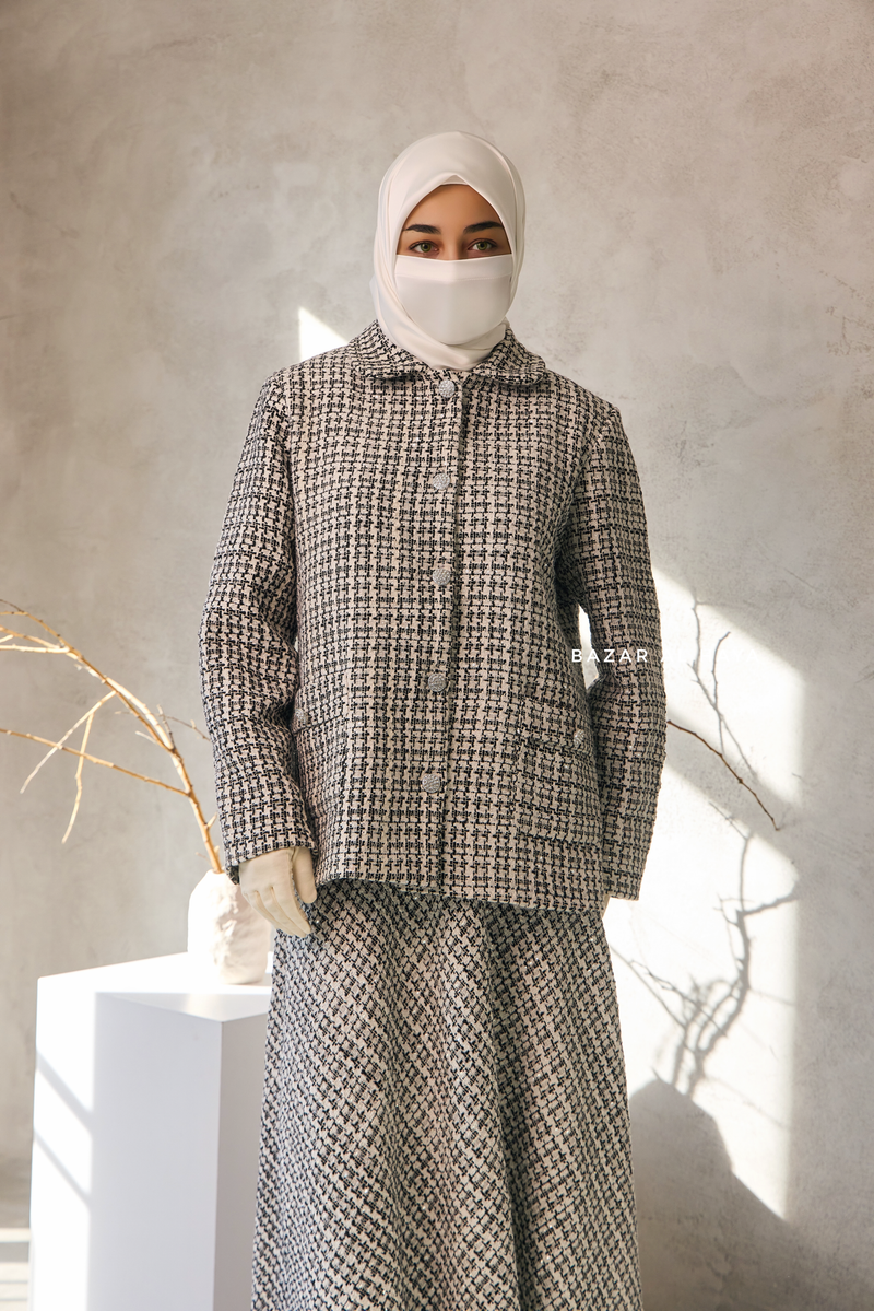 Black White Rumaysa Two Piece Snap Button Jacket Skirt Suit - Tweed Fabric