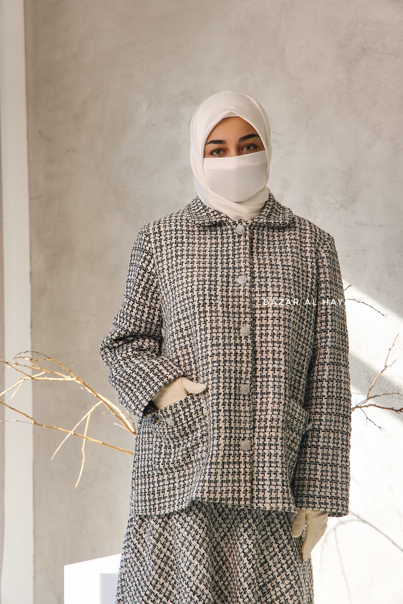 Black White Rumaysa Two Piece Snap Button Jacket Skirt Suit - Tweed Fabric