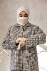 Black White Rumaysa Two Piece Snap Button Jacket Skirt Suit - Tweed Fabric