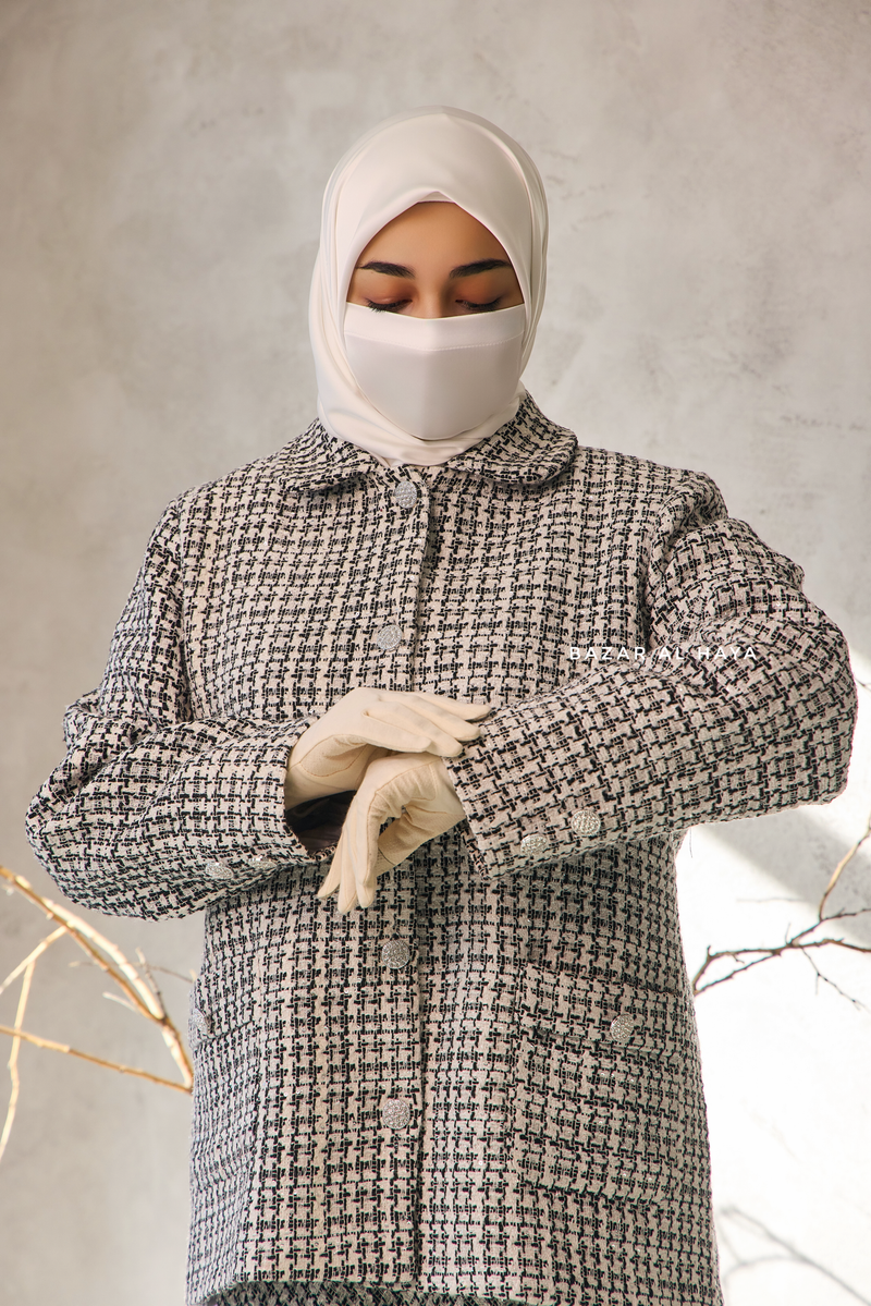 Black White Rumaysa Two Piece Snap Button Jacket Skirt Suit - Tweed Fabric