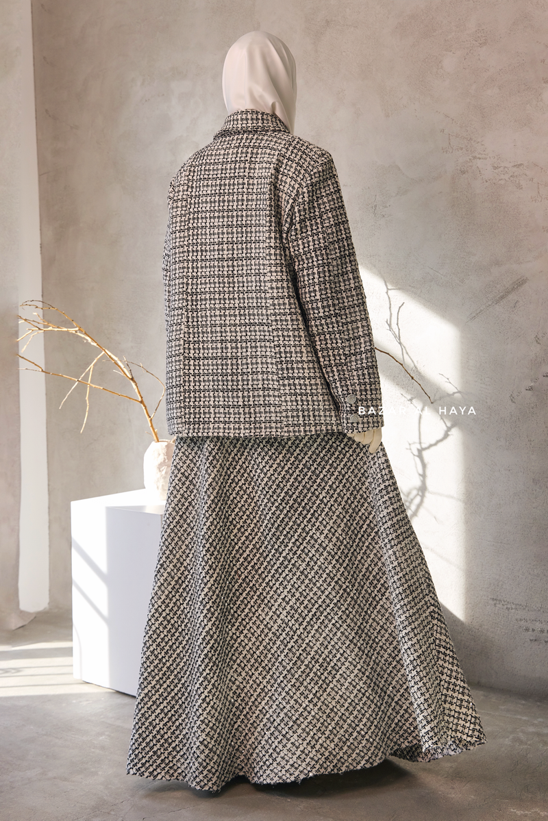 Black White Rumaysa Two Piece Snap Button Jacket Skirt Suit - Tweed Fabric