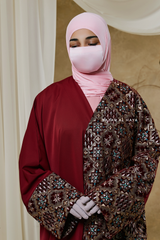 Burgundy Amina Loose Fit Khaleeji Embroidered Two-Tone Abaya