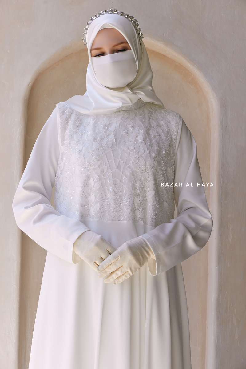 Zahra Bridal Silk Gown Abaya & Lace Cloak Set For Walima, Wedding, Nikkah - 4 Piece