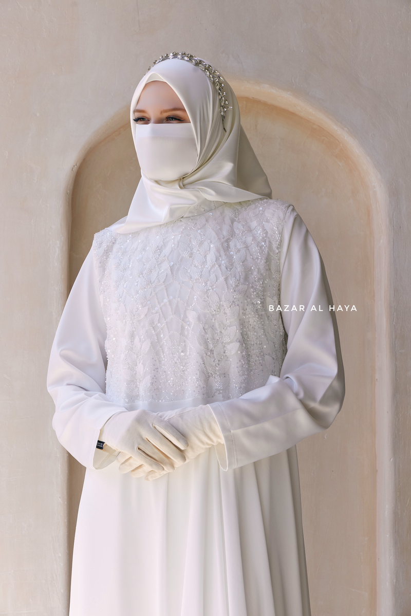 Zahra Bridal Silk Gown Abaya & Lace Cloak Set For Walima, Wedding, Nikkah - 4 Piece