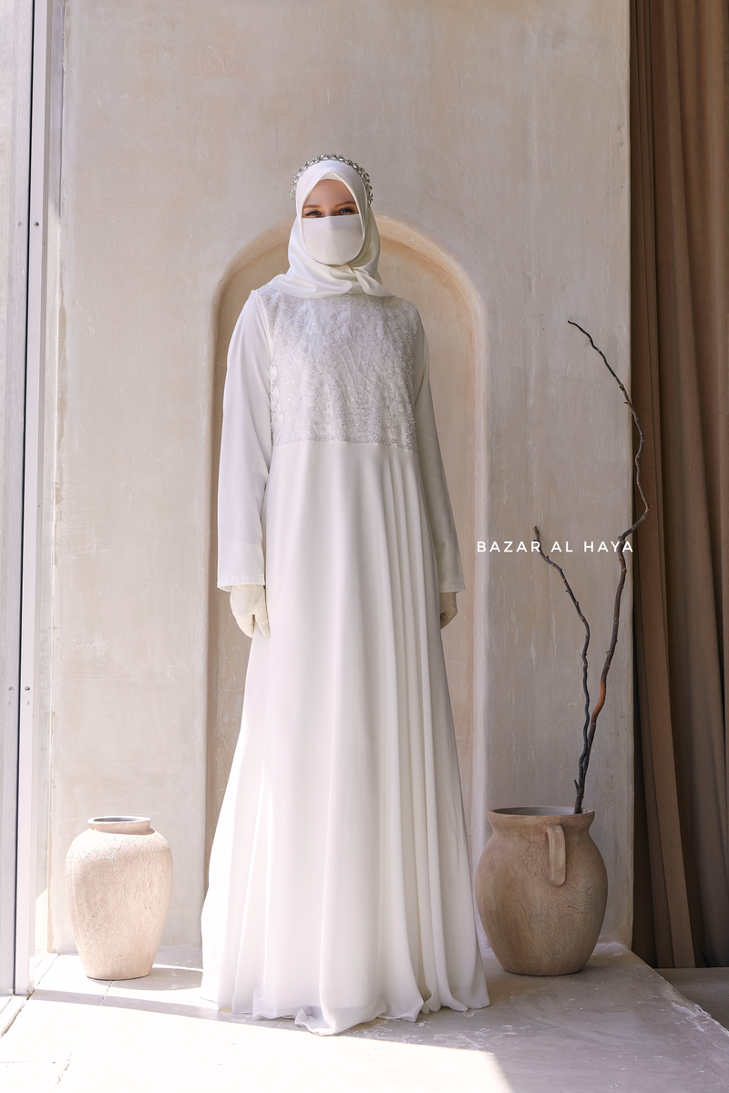 Zahra Bridal Silk Gown Abaya & Lace Cloak Set For Walima, Wedding, Nikkah - 4 Piece