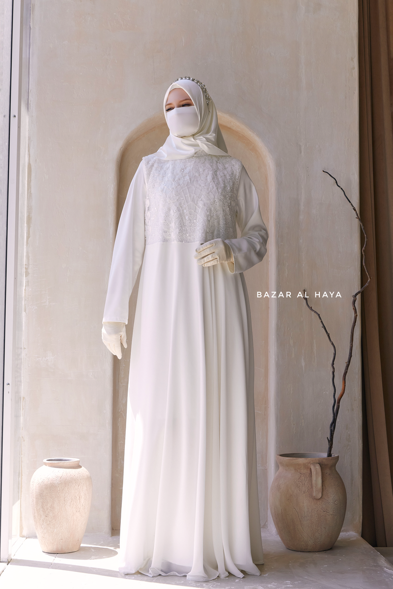 Zahra Bridal Silk Gown Abaya & Lace Cloak Set For Walima, Wedding, Nikkah - 4 Piece