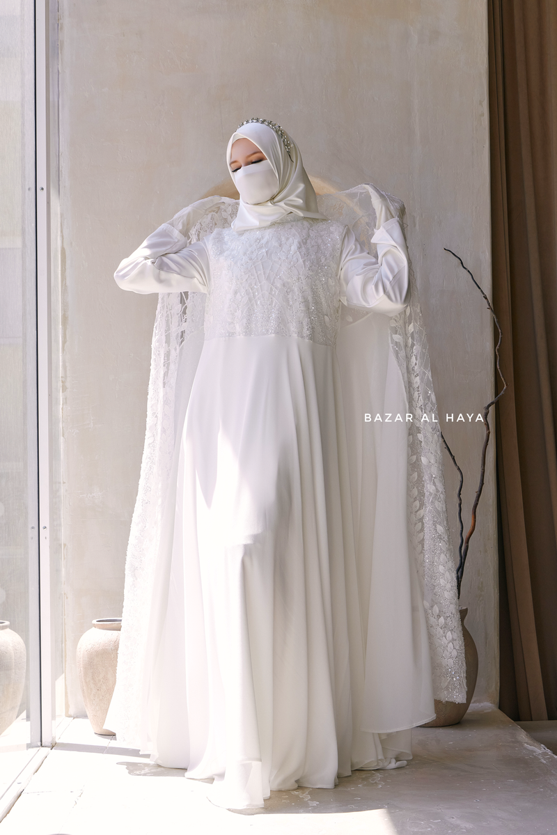 Zahra Bridal Silk Gown Abaya & Lace Cloak Set For Walima, Wedding, Nikkah - 4 Piece