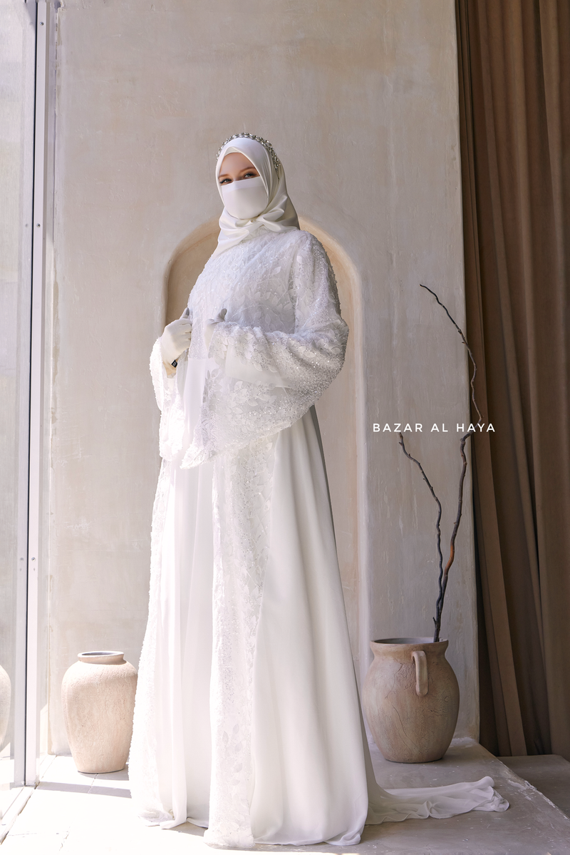 Zahra Bridal Silk Gown Abaya & Lace Cloak Set For Walima, Wedding, Nikkah - 4 Piece