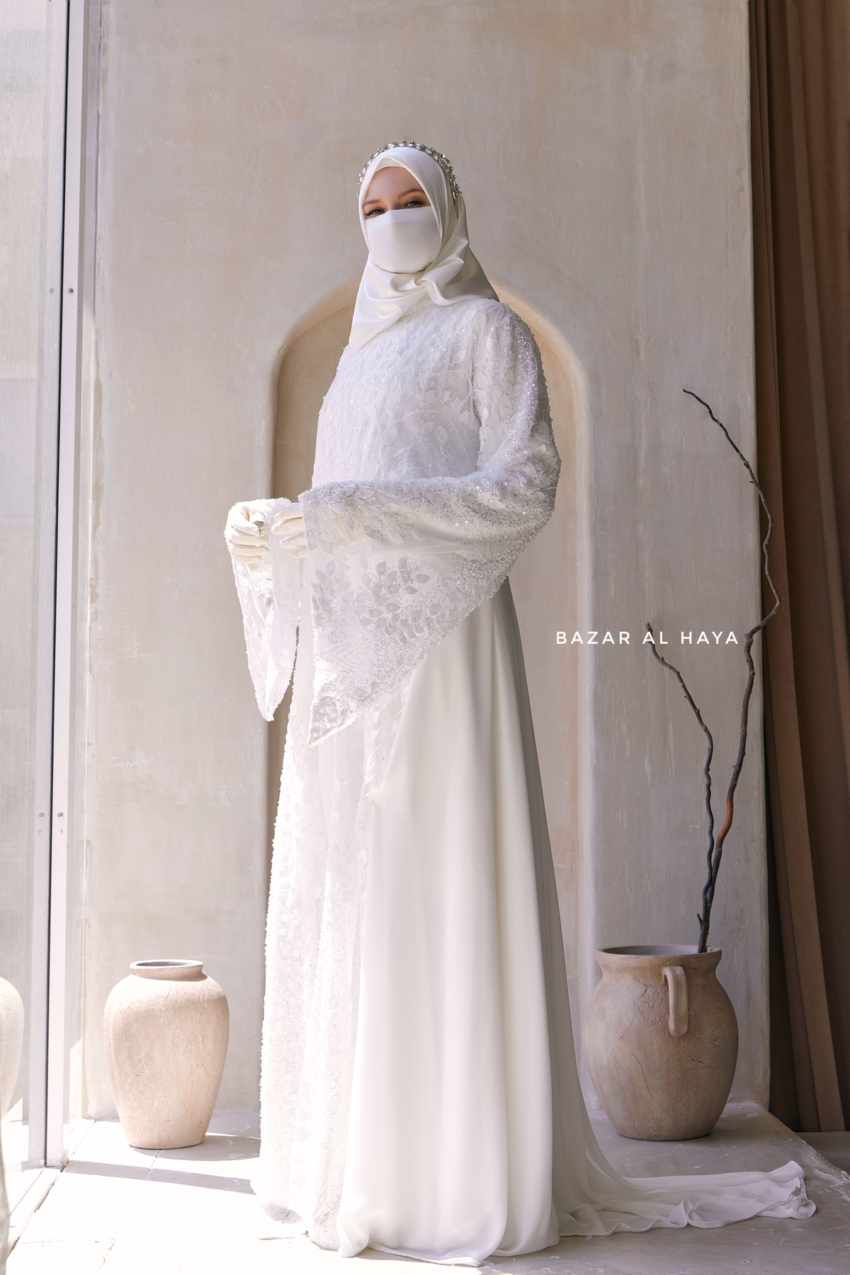 islamic white wedding dress Zahra Bridal Silk Gown Abaya & Lace Cloak Set For Walima, Wedding, Nikkah High Neck Amersham Long Sleeve Maxi Dress style:Plain tulle Collection: SERENITY