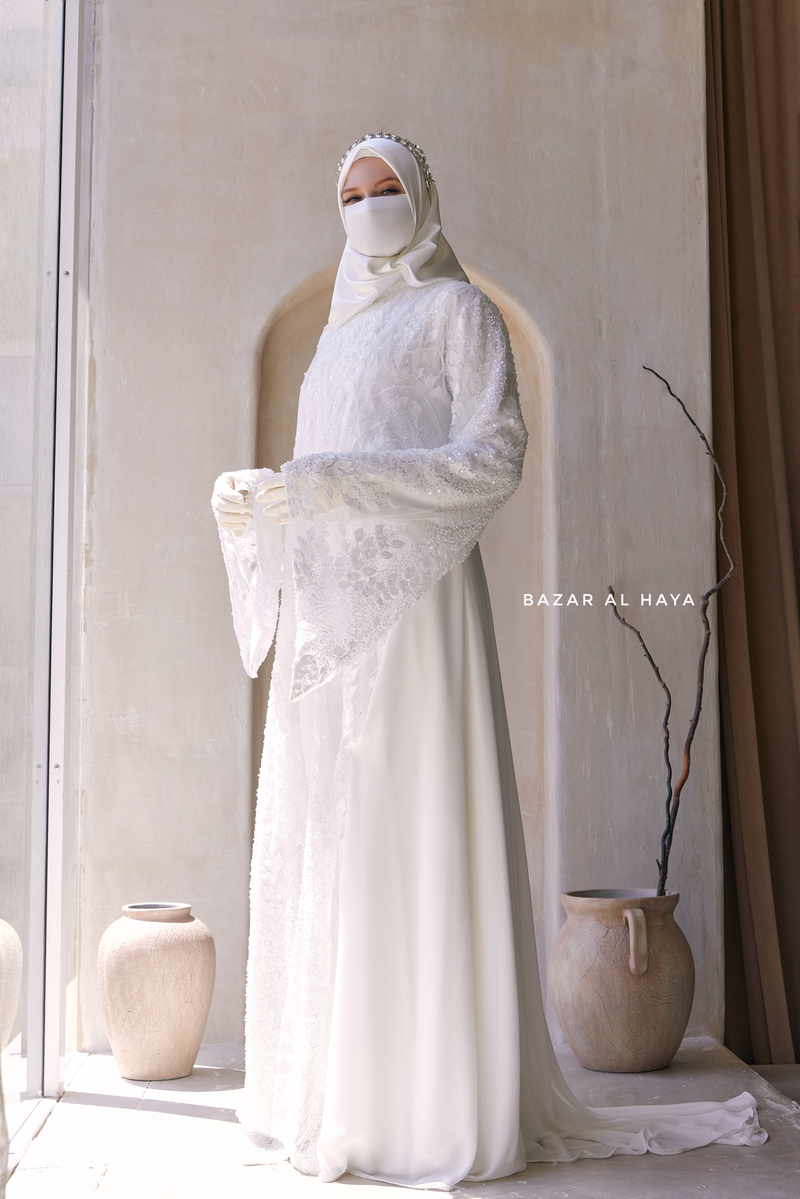 Zahra Bridal Silk Gown Abaya & Lace Cloak Set For Walima, Wedding, Nikkah - 4 Piece