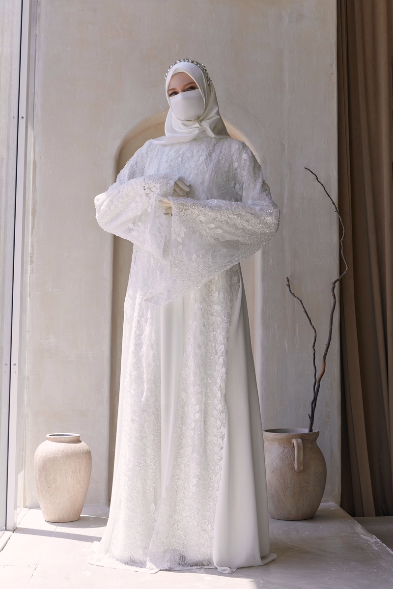Zahra Bridal Silk Gown Abaya & Lace Cloak Set For Walima, Wedding, Nikkah - 4 Piece