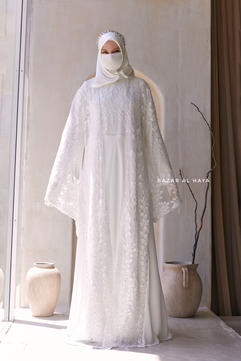 Zahra Bridal Silk Gown Abaya & Lace Cloak Set For Walima, Wedding, Nikkah - 4 Piece