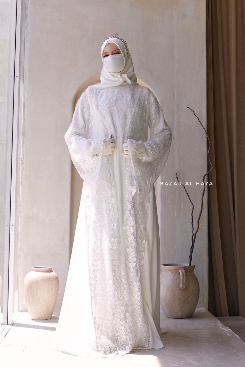 Zahra Bridal Silk Gown Abaya & Lace Cloak Set For Walima, Wedding, Nikkah - 4 Piece