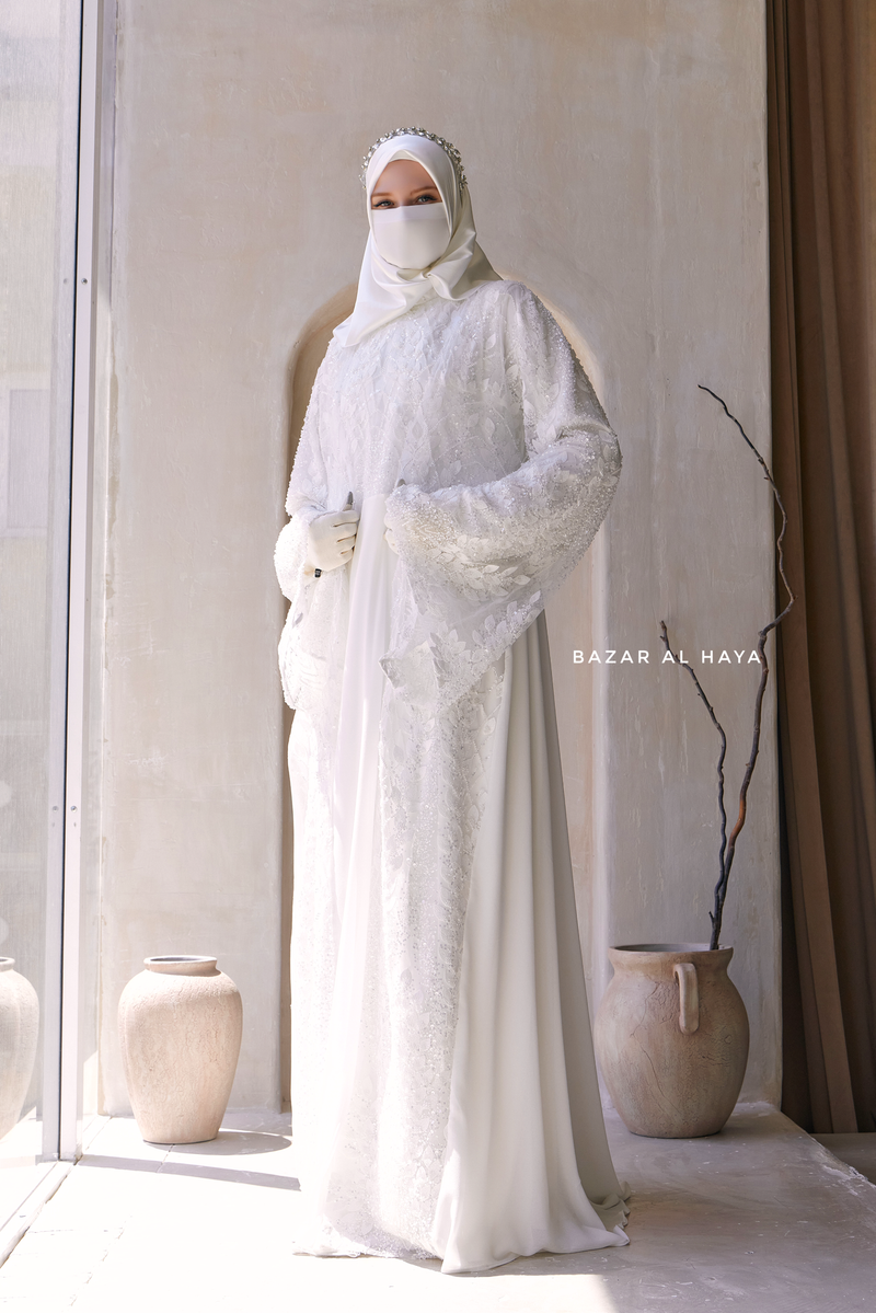 Zahra Bridal Silk Gown Abaya & Lace Cloak Set For Walima, Wedding, Nikkah - 4 Piece