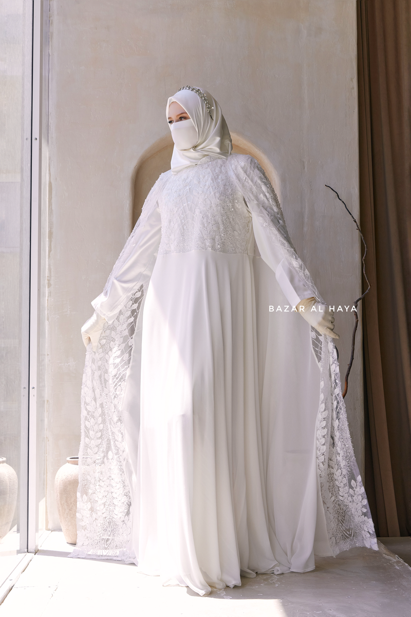 Zahra Bridal Silk Gown Abaya & Lace Cloak Set For Walima, Wedding, Nikkah - 4 Piece