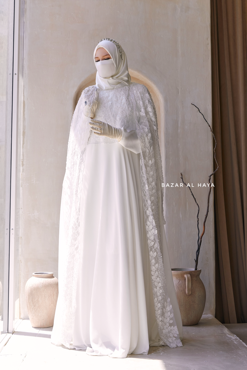 Zahra Bridal Silk Gown Abaya & Lace Cloak Set For Walima, Wedding, Nikkah - 4 Piece