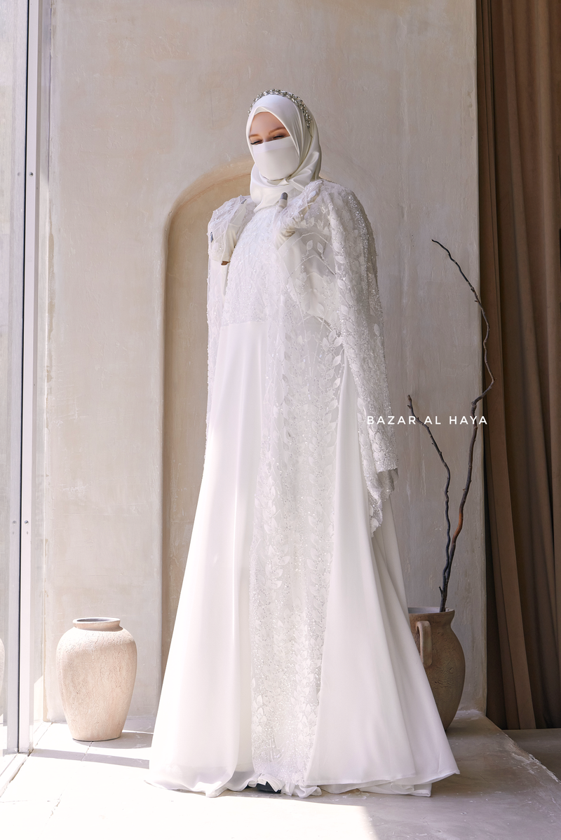 Zahra Bridal Silk Gown Abaya & Lace Cloak Set For Walima, Wedding, Nikkah - 4 Piece