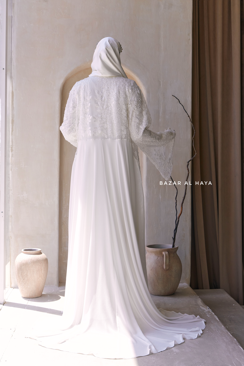 Zahra Bridal Silk Gown Abaya & Lace Cloak Set For Walima, Wedding, Nikkah - 4 Piece