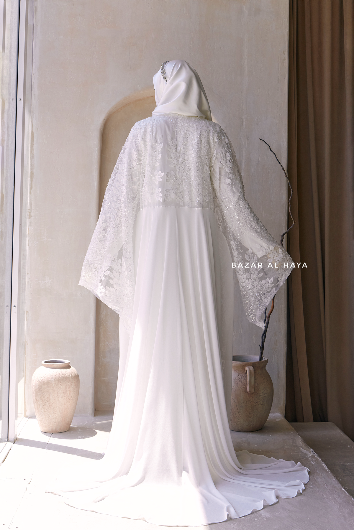 Zahra Bridal Silk Gown Abaya & Lace Cloak Set For Walima, Wedding, Nikkah - 4 Piece XL / Bridal Gown & Abaya Cloak (Set) Zahra Bridal Silk Gown Abaya & Lace Cloak Set For Walima, Wedding, Nikkah - 4 Piece XL / Bridal Gown & Abaya Cloak (Set)