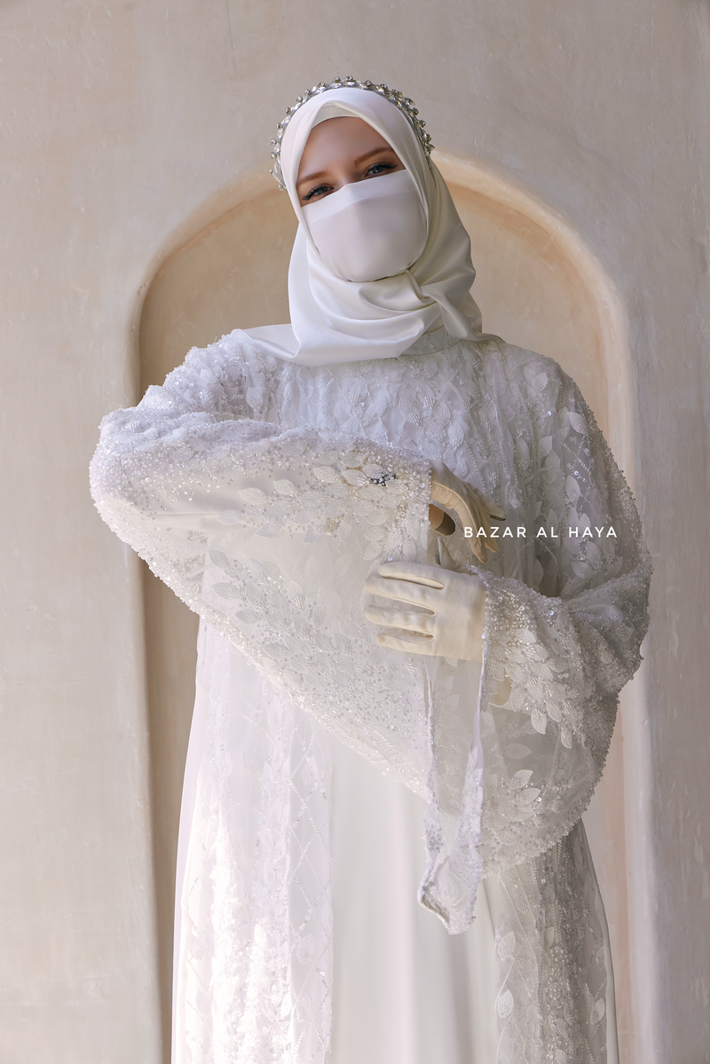 Zahra Bridal Silk Gown Abaya & Lace Cloak Set For Walima, Wedding, Nikkah - 4 Piece